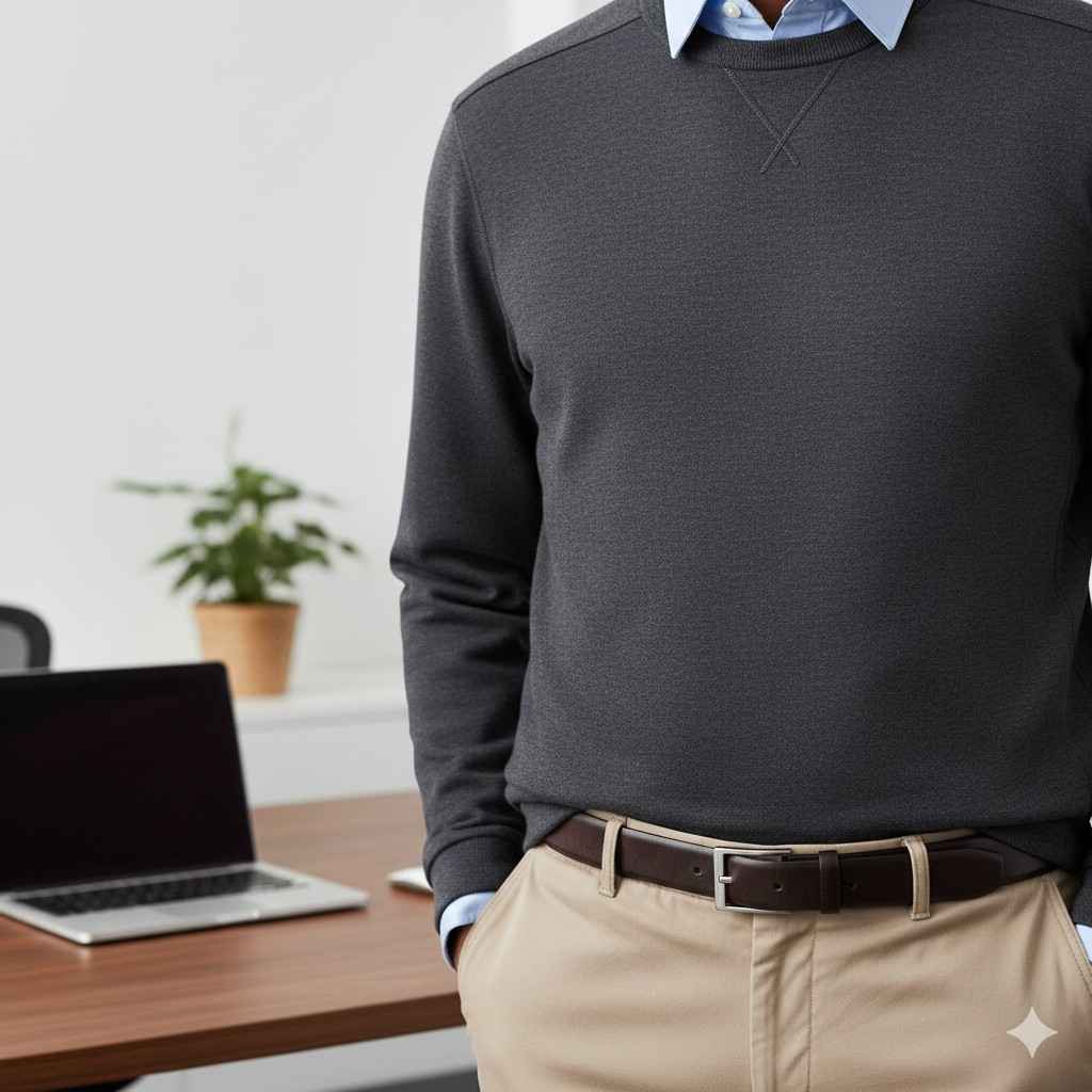 A close-up of a tech fleece crewneck sweater layered over a collared dress shirt, paired with chinos, styled for a smart-casual office look.