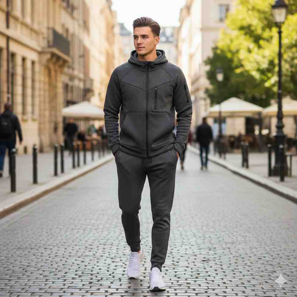 A person wearing a matching tech fleece hoodie and joggers, styled with white sneakers, walking in a casual urban setting.